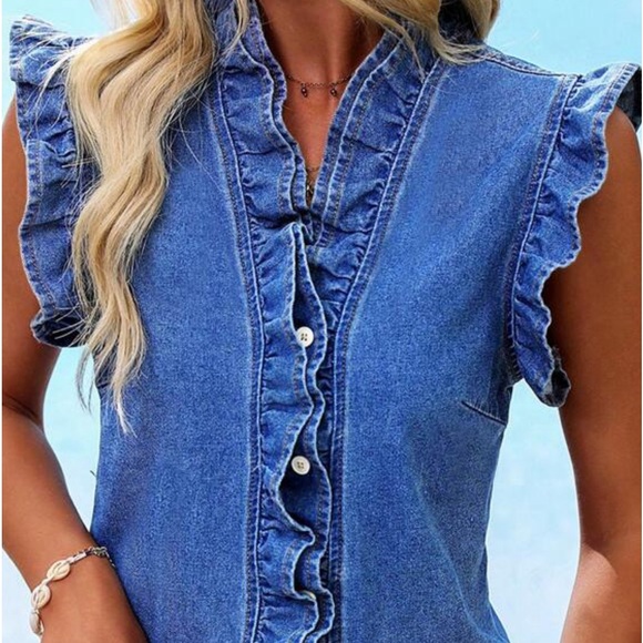 New denim sleeveless button down  top - Picture 7 of 7
